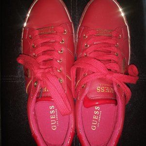Mens Red Guess Sneakers US 9M Gold Trim